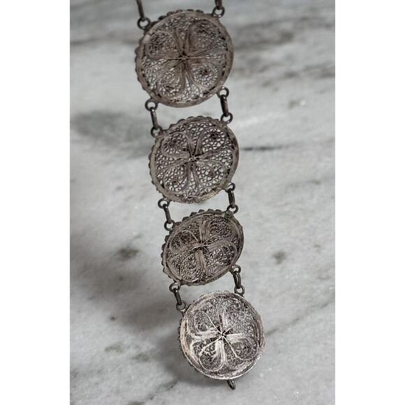 Antique Victorian Sterling Silver Filigree Flower Link Bracelet - Picture 8 of 9